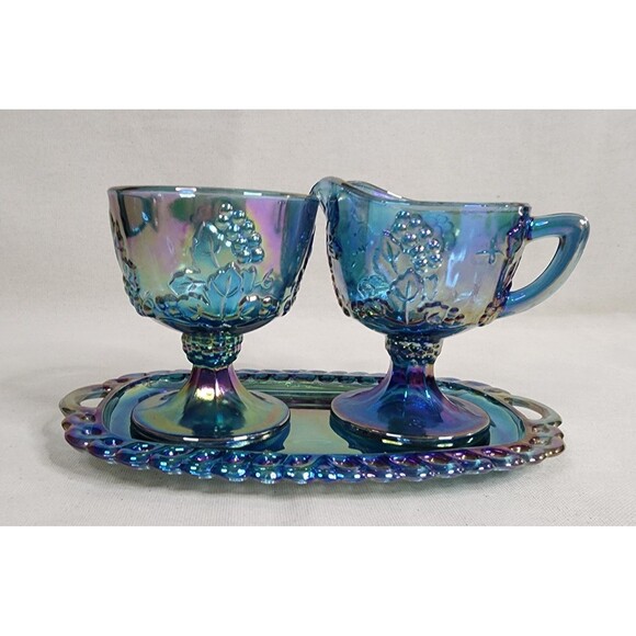Vintage Indiana Glass Harvest Grape Blue Carnival Glass Creamer Sugar & Tray Set - Picture 3 of 16